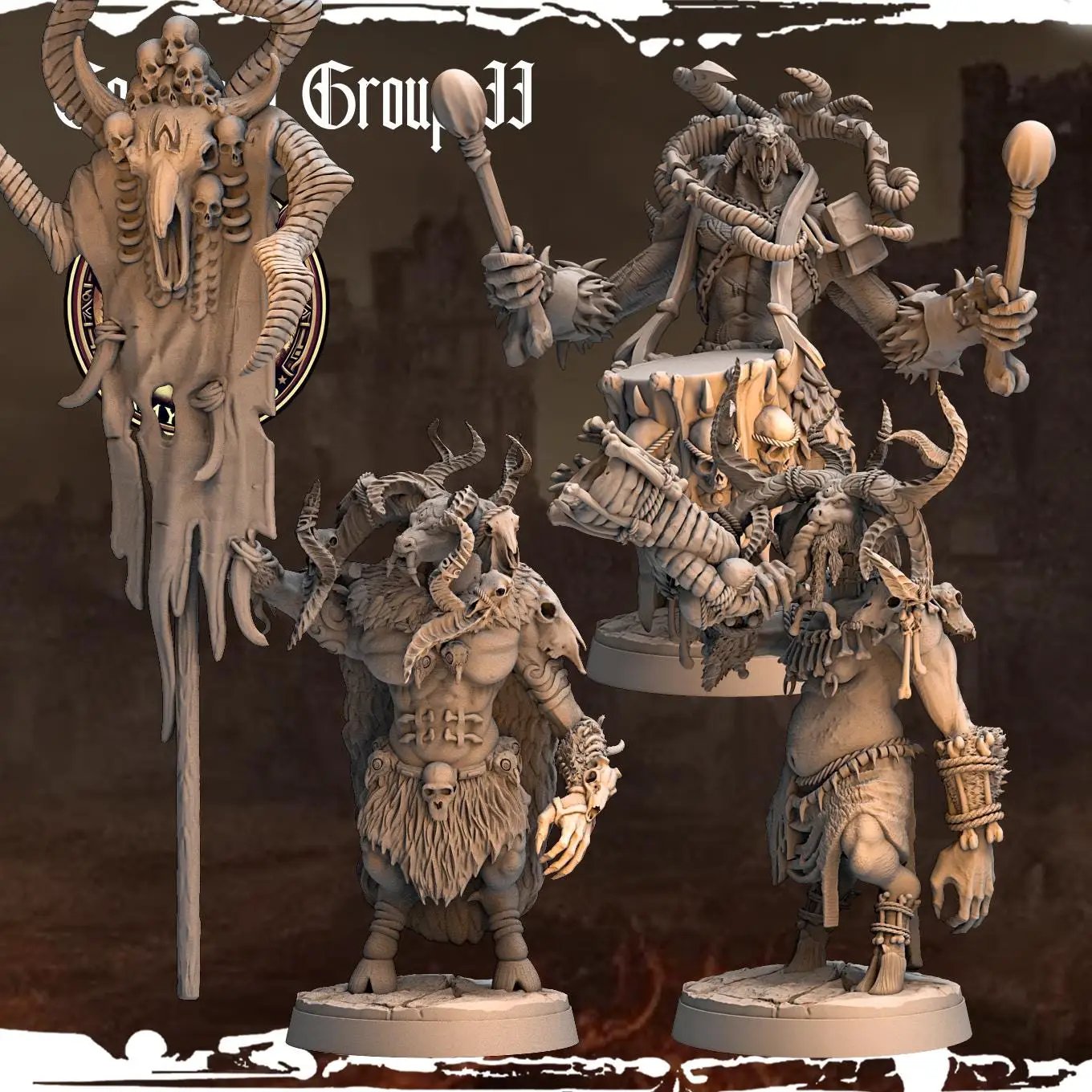 3D printed Beastman Command Group by Last Hope Miniatures for tabletop gaming, featuring detailed beastman figures with weapons.
