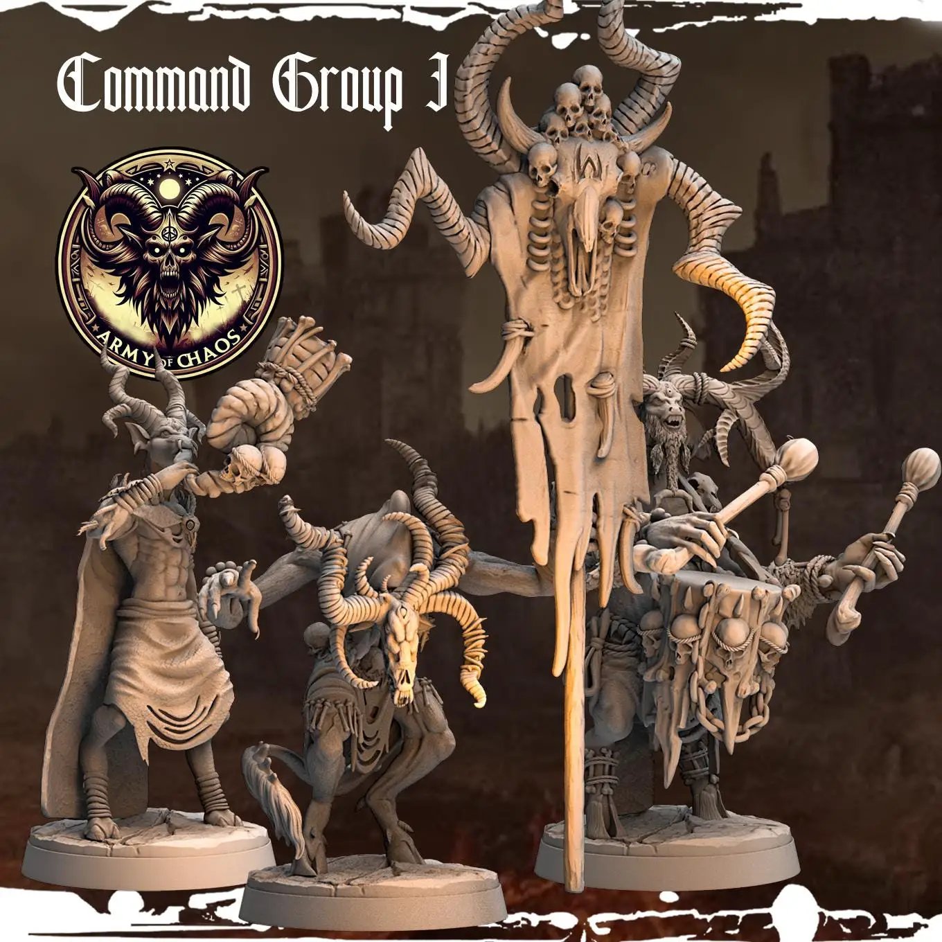 3D printed Beastman Command Group miniatures by Last Hope Miniatures for tabletop gaming, featuring detailed beastman figures.