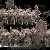 20 3D printed Beastman Warriors Regiment miniatures by Avatars of War, designed for tabletop wargaming, displayed on a flat surface.
