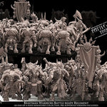 20 3D printed Beastman Warriors Regiment miniatures by Avatars of War, designed for tabletop wargaming, displayed on a flat surface.