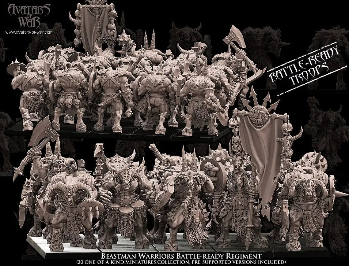20 3D printed Beastman Warriors Regiment miniatures by Avatars of War, designed for tabletop wargaming, displayed on a flat surface.