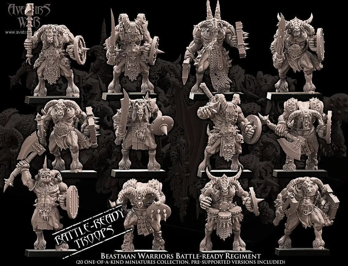Three 3D printed Beastman Warriors Regiment miniatures by Last Hope Miniatures for Avatars of War, featuring detailed beastman figures.