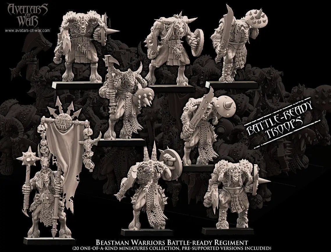 Three 3D printed Beastman Warriors Regiment miniatures by Avatars of War, featuring detailed beastman figures for tabletop gaming.