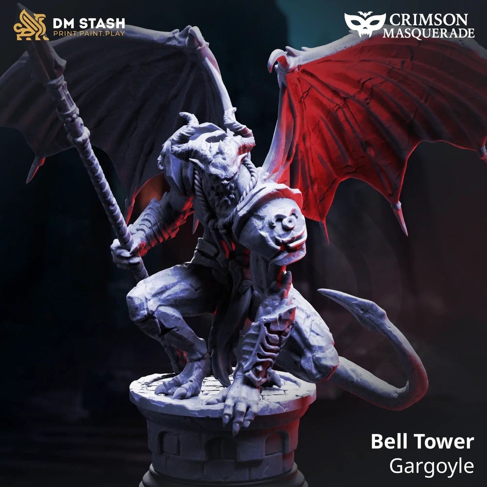 3D printed Bell Tower Gargoyle miniature by Last Hope Miniatures, detailed gothic stone sculpture with wings and fierce expression.