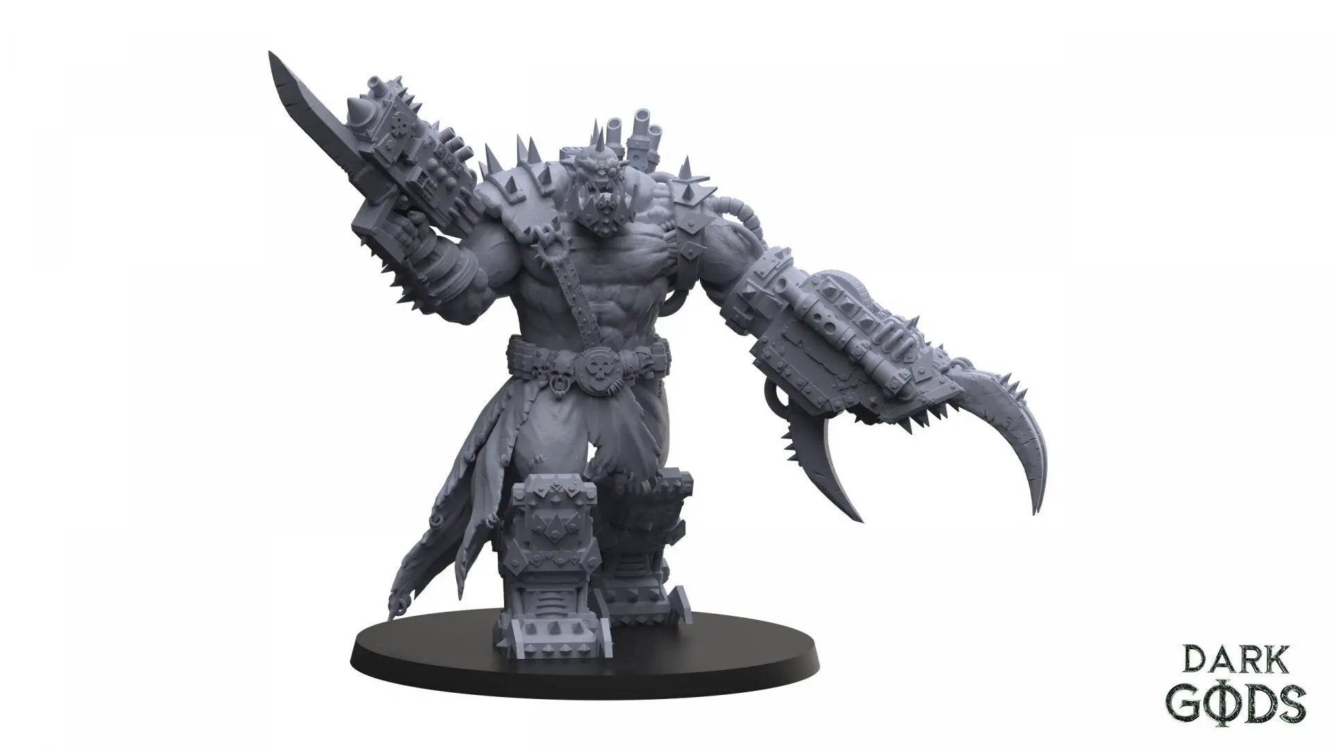 3D printed Big Boss Klaw miniature from Dark Gods Miniatures by Last Hope Miniatures, detailed close-up of the weapon and armor.