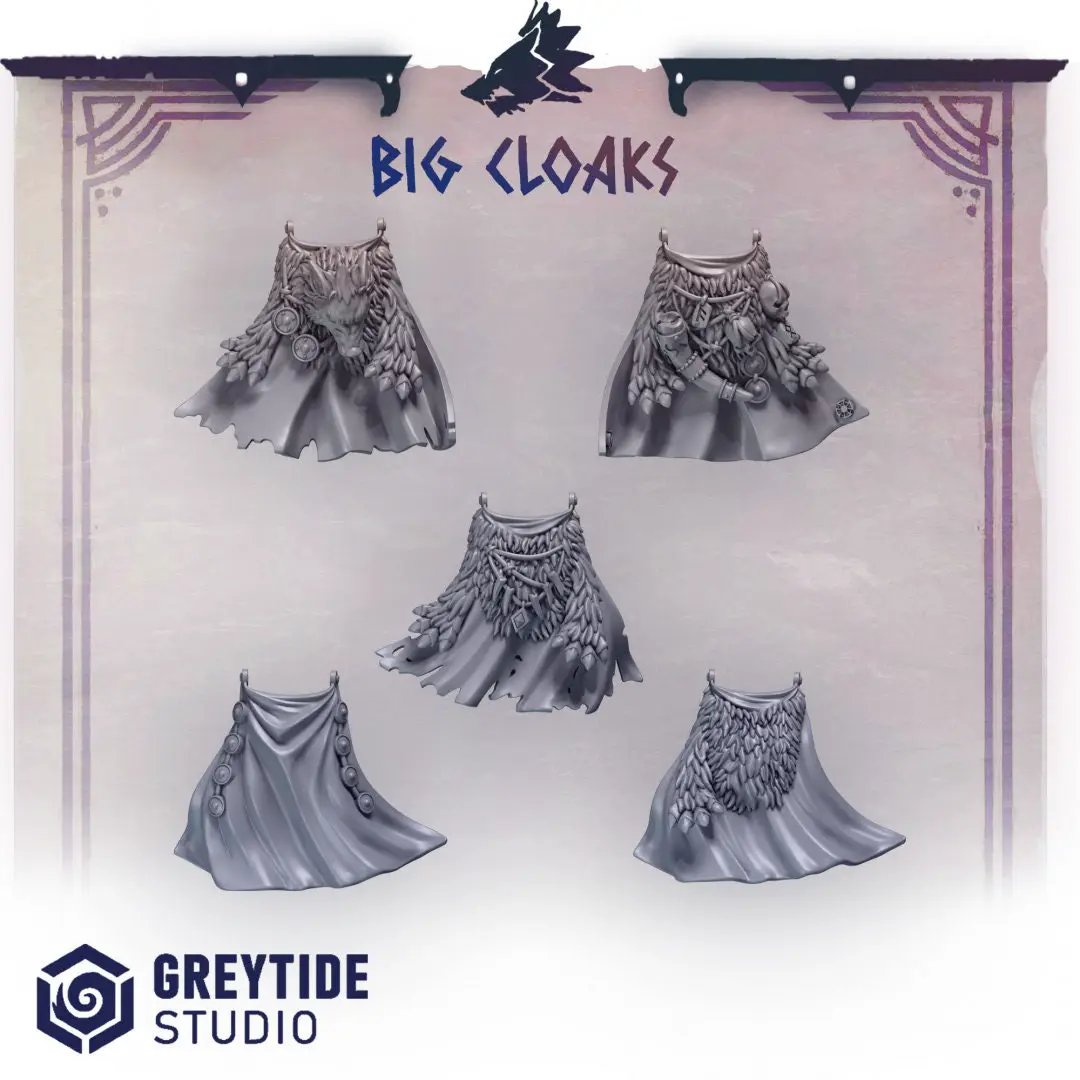 Set of ten 3D printed Big Cloaks miniatures by Last Hope Miniatures for Greytide Studio, detailed fantasy-style cloaks for tabletop gaming.