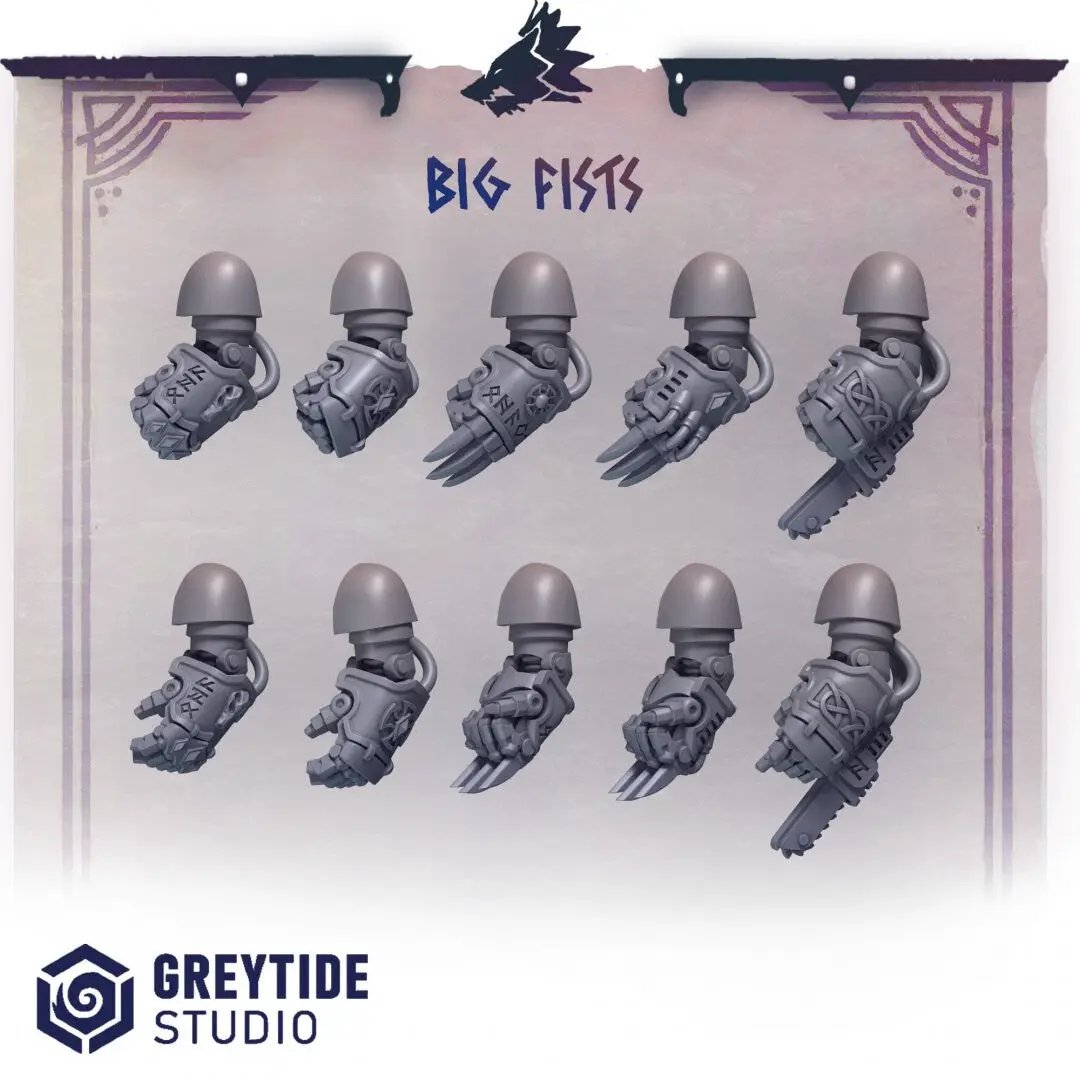Ten 3D printed big fists miniatures by Last Hope Miniatures from Greytide Studio, detailed and ready for tabletop gaming.