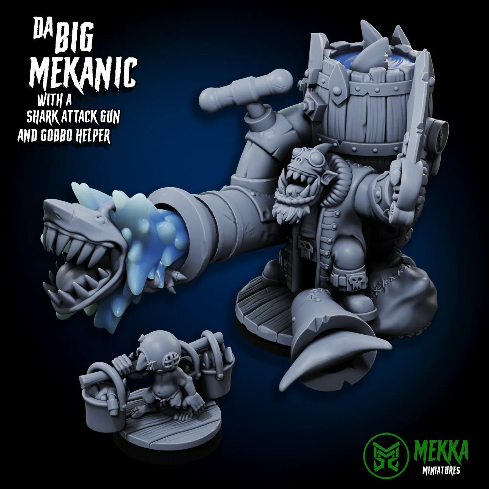 3D printed Big Mekanic figure with shark gun from Last Hope Miniatures, showcasing detailed miniature model with weapon and intricate design.