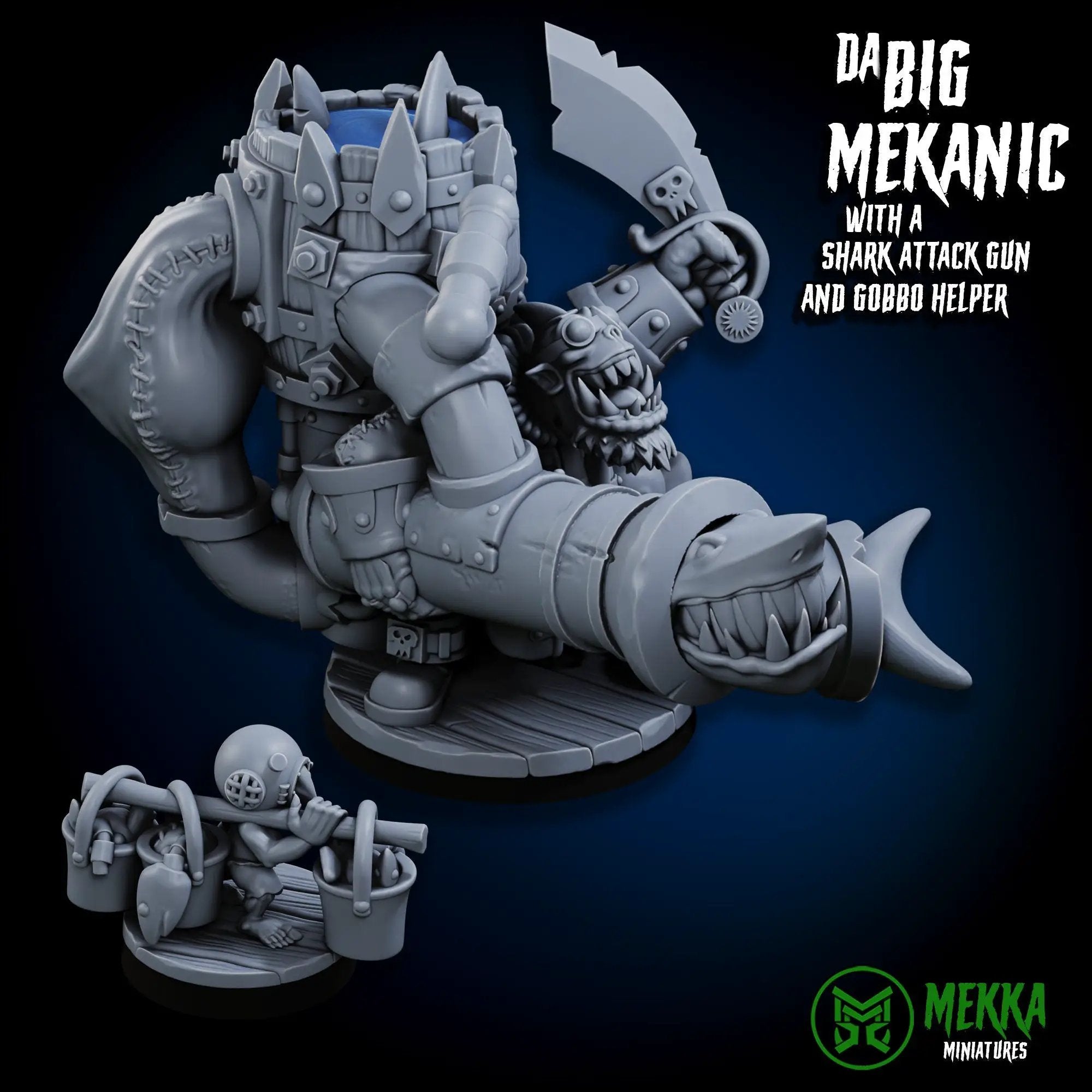 3D printed Big Mekanic miniature with shark gun by Last Hope Miniatures, detailed model featuring mechanical and aquatic elements.