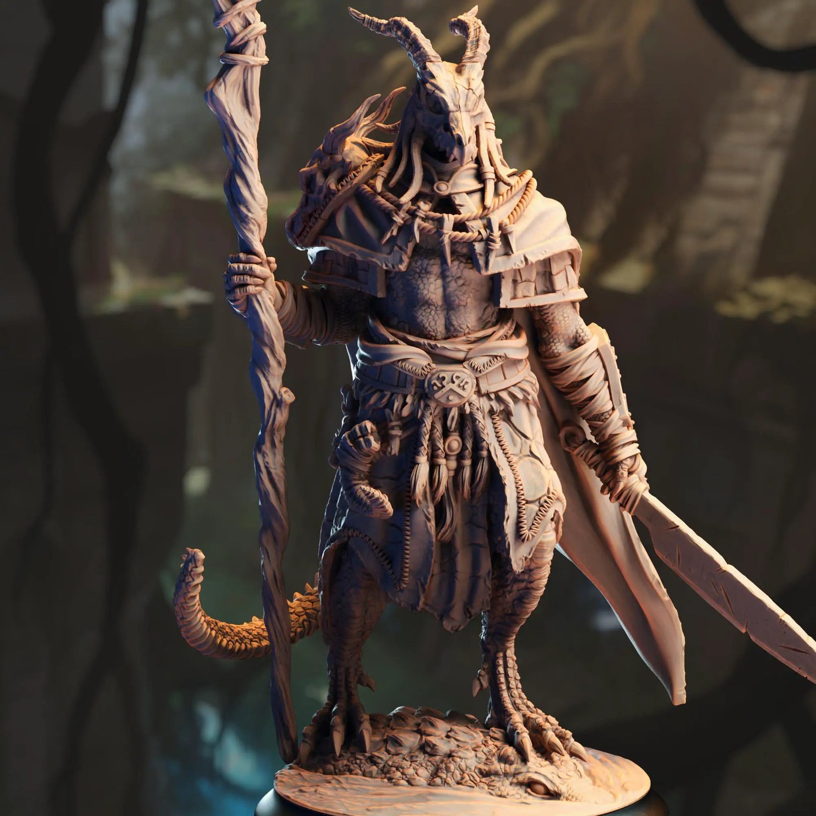 3D printed black Dragonborn druid miniature by Last Hope Miniatures, detailed fantasy dwarf sculpture for tabletop gaming.