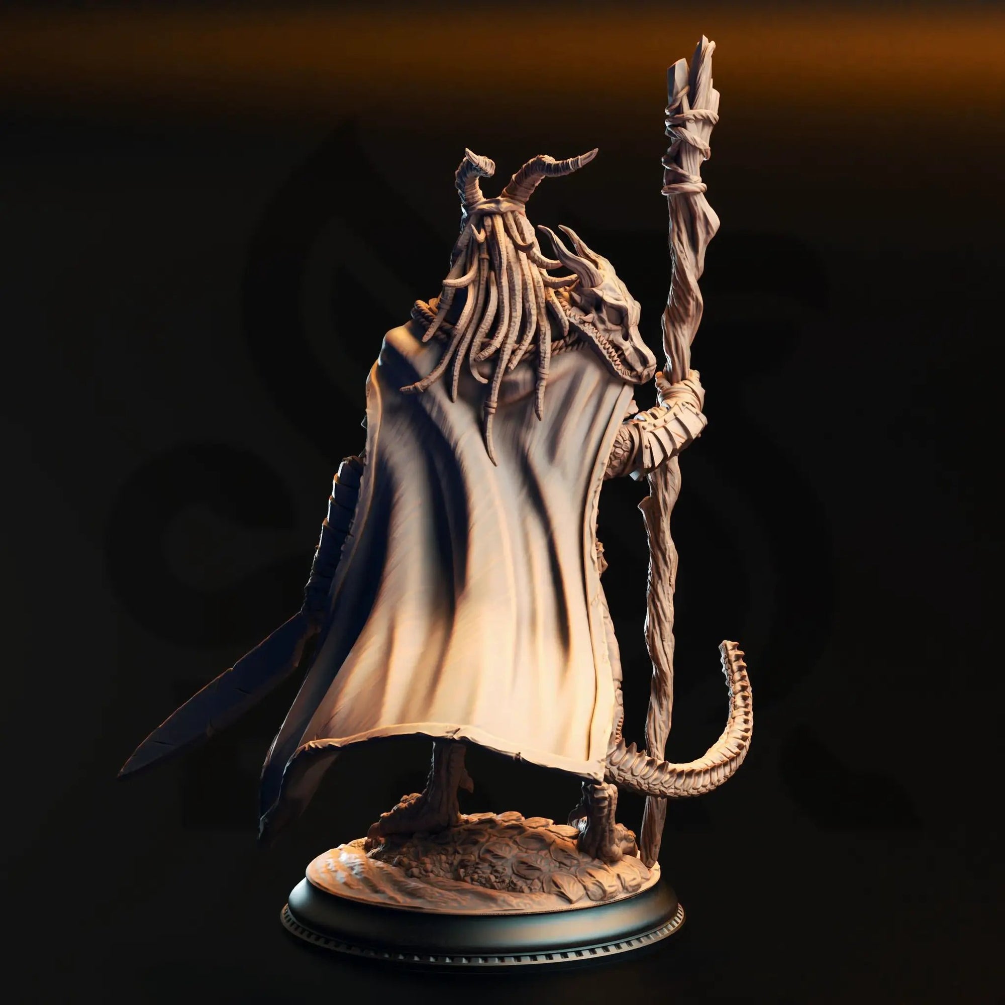 3D printed black Dragonborn druid miniature by Last Hope Miniatures, detailed fantasy figure on a stand.