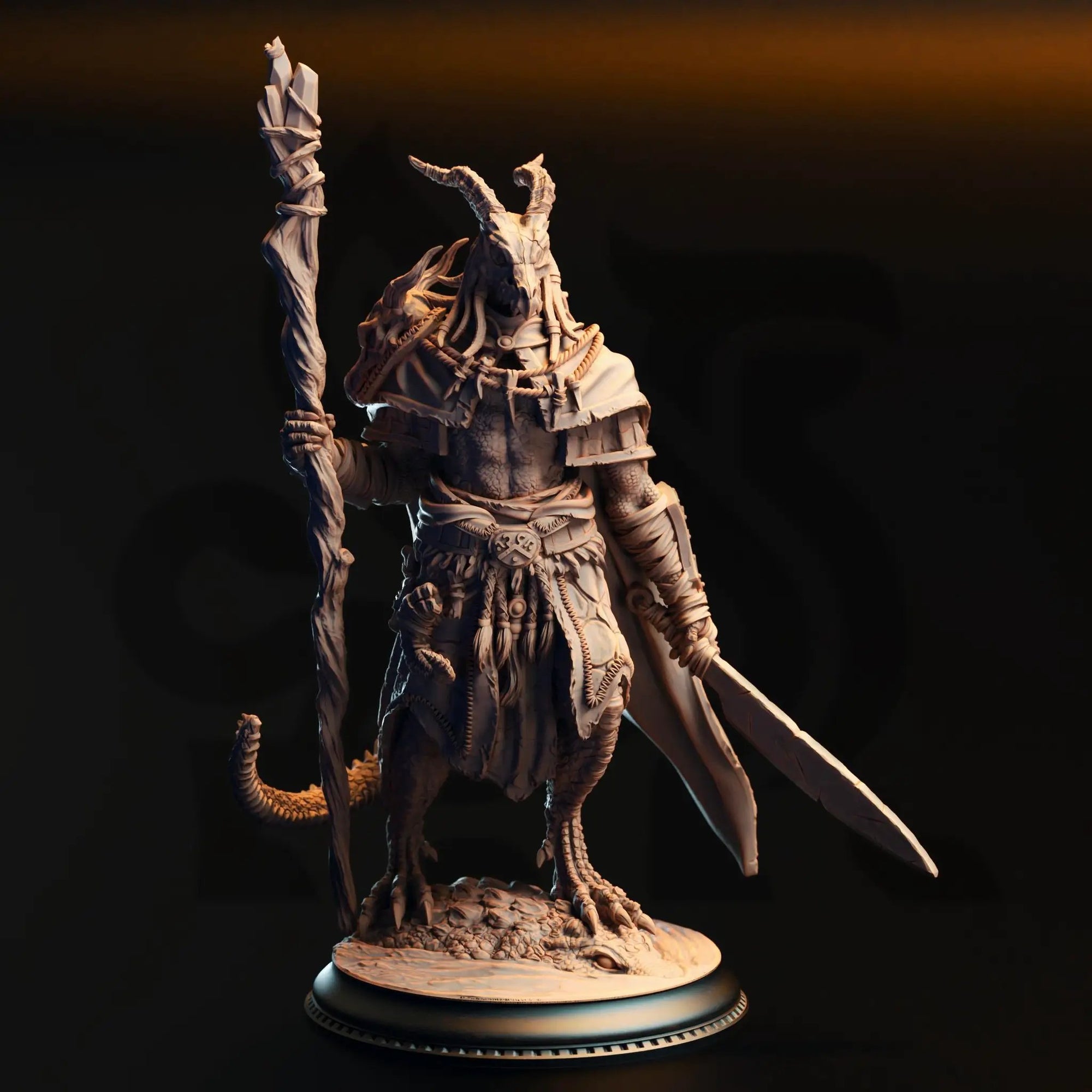 Black Dragonborn Druid miniature from Last Hope Miniatures, 3D printed in black resin, detailed fantasy tabletop figure.