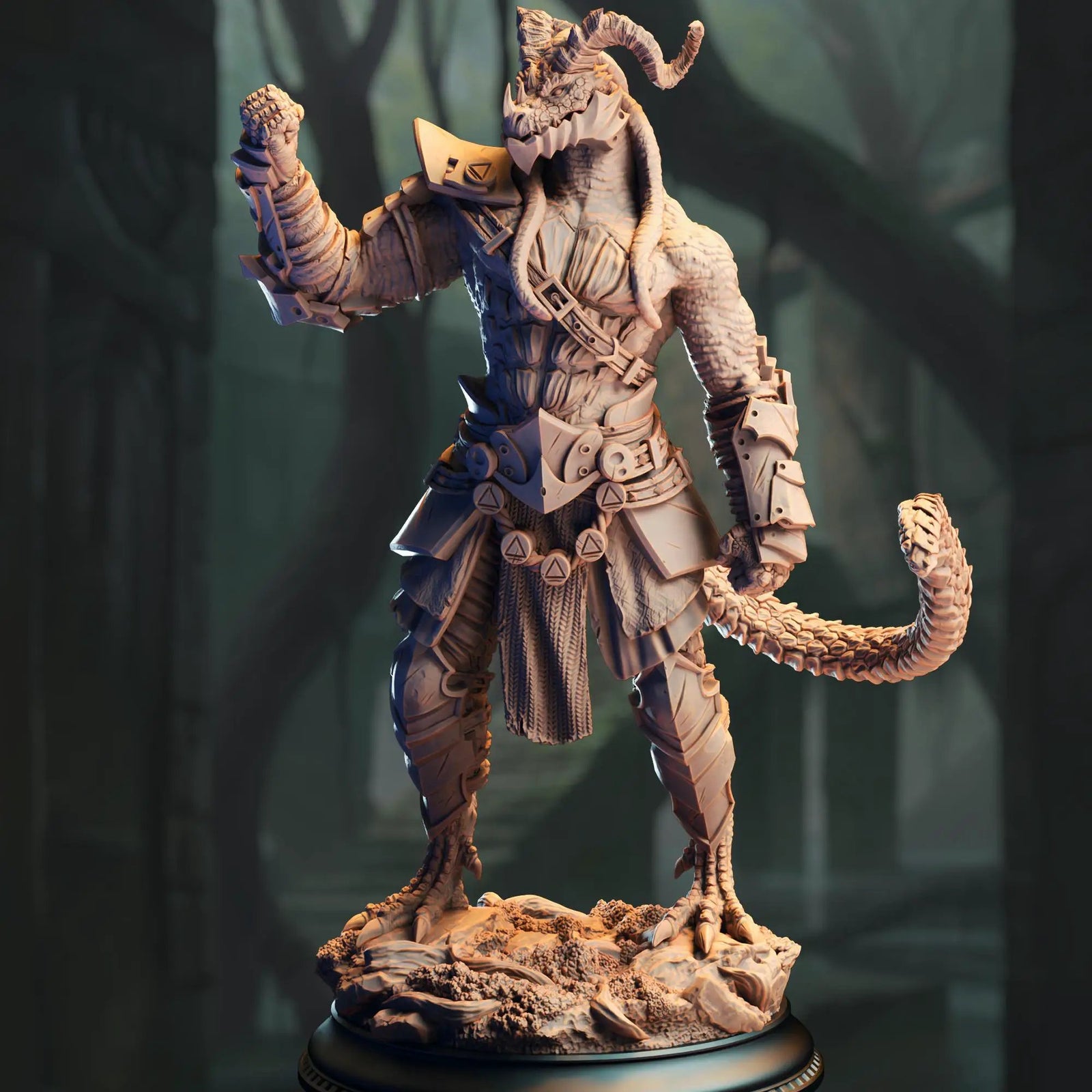3D printed black Dragonborn fighter miniature by Last Hope Miniatures, showcasing detailed scales and armor for tabletop gaming.