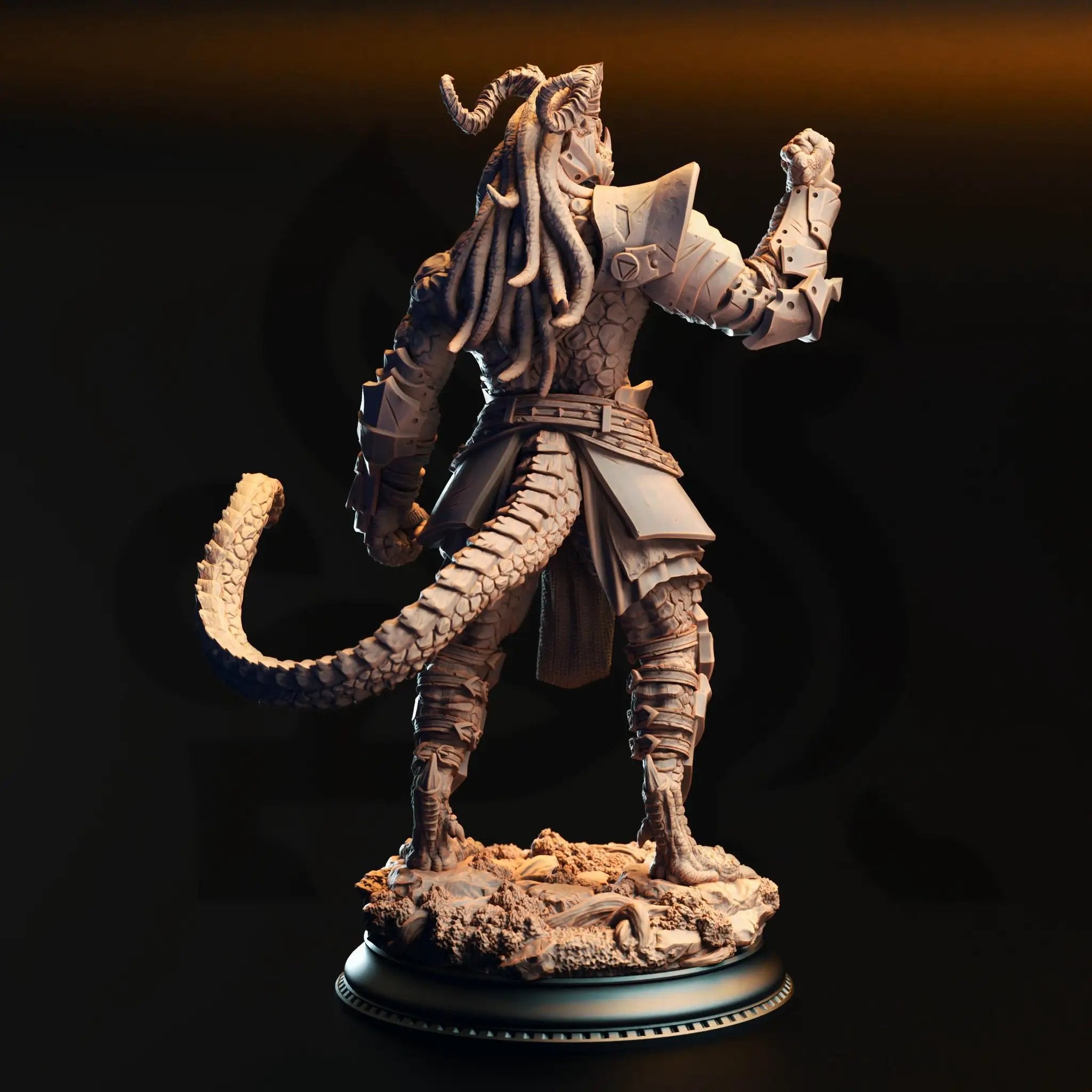 3D printed black Dragonborn fighter miniature by Last Hope Miniatures for tabletop gaming, detailed pose and armor visible.