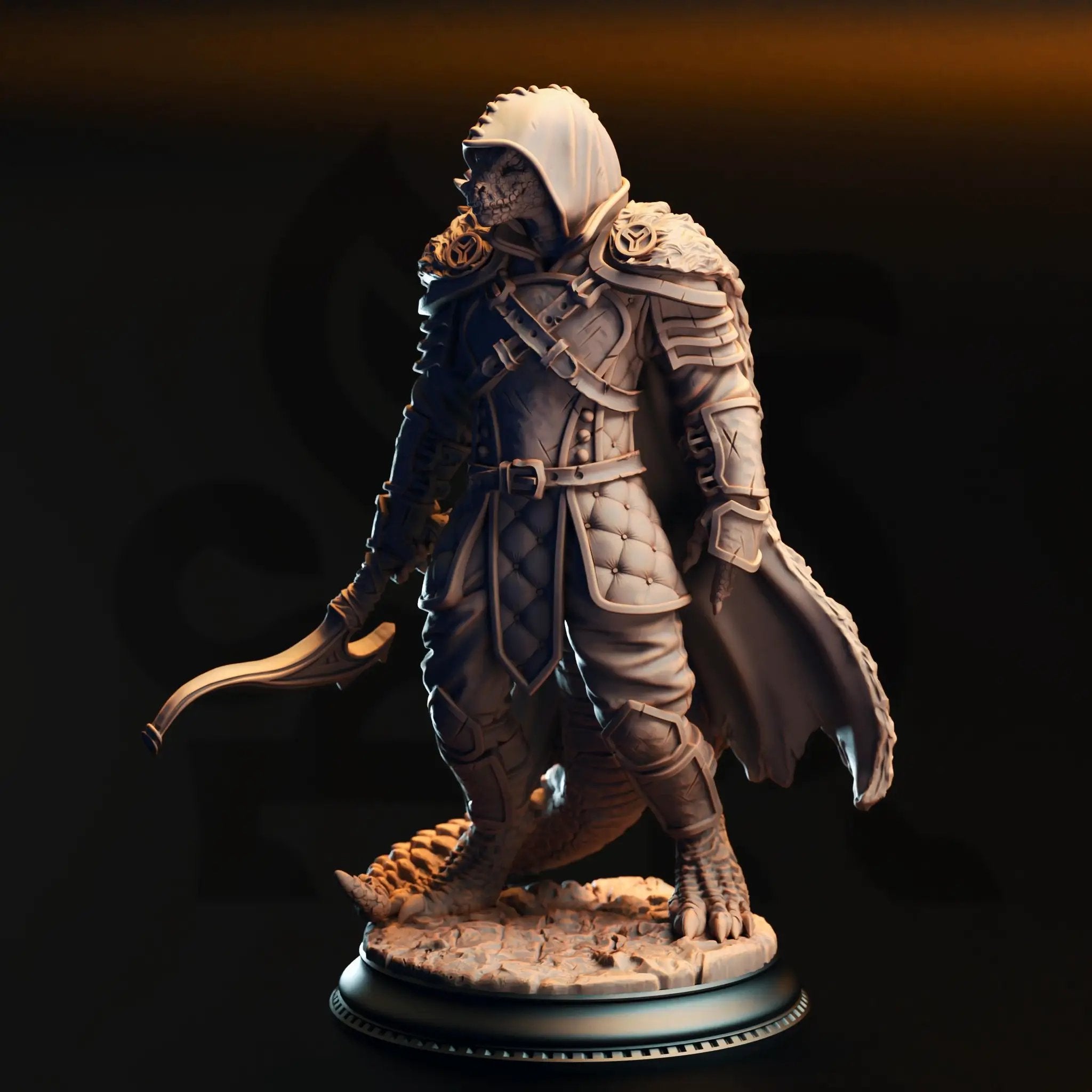 3D printed Black Dragonborn Ranger miniature by Last Hope Miniatures, featuring detailed dragonborn armor and ranger gear.
