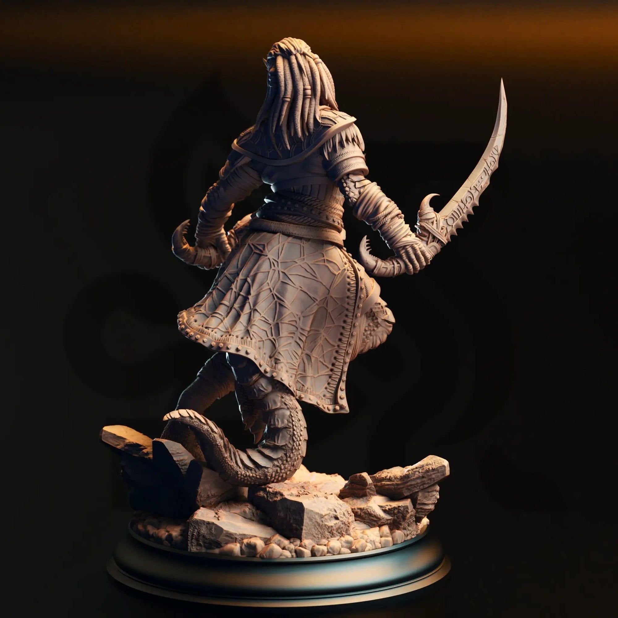 3D printed black Dragonborn Rogue miniature by Last Hope Miniatures, detailed fantasy character in black armor and cloak.