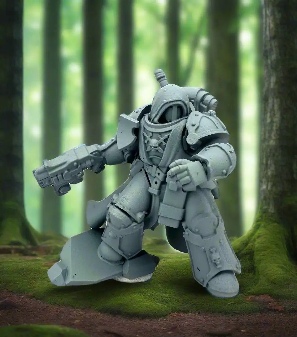 3D printed black Lions Justicar miniature by DakkaDakka, detailed figure from Last Hope Miniatures on a plain background.