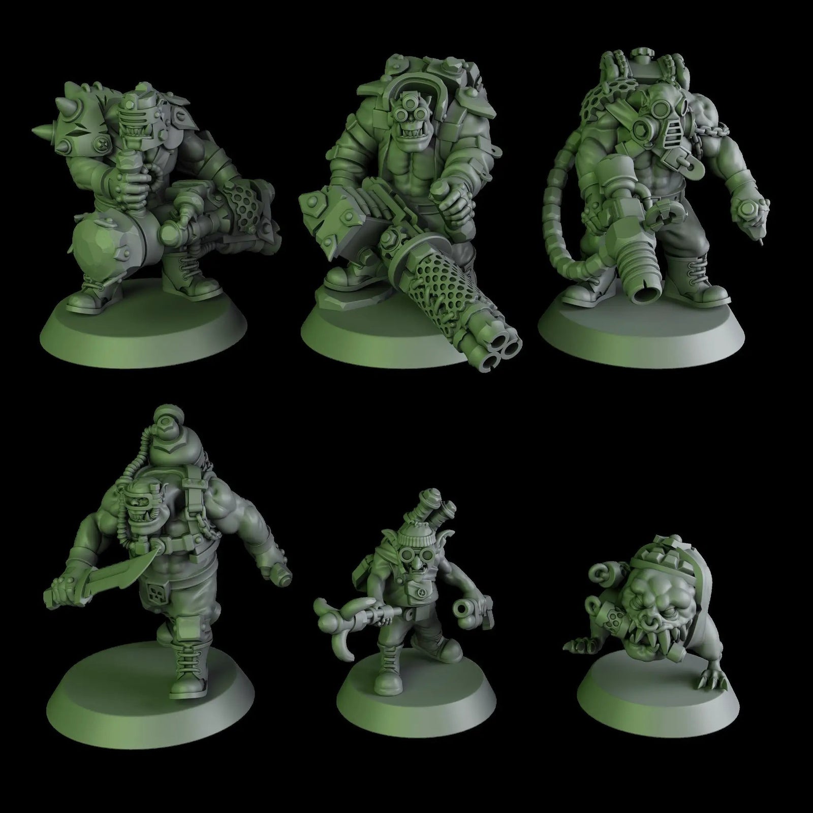 3D printed black Orks mob by DakkaDakka Miniatures, featuring detailed miniature figures for tabletop gaming.