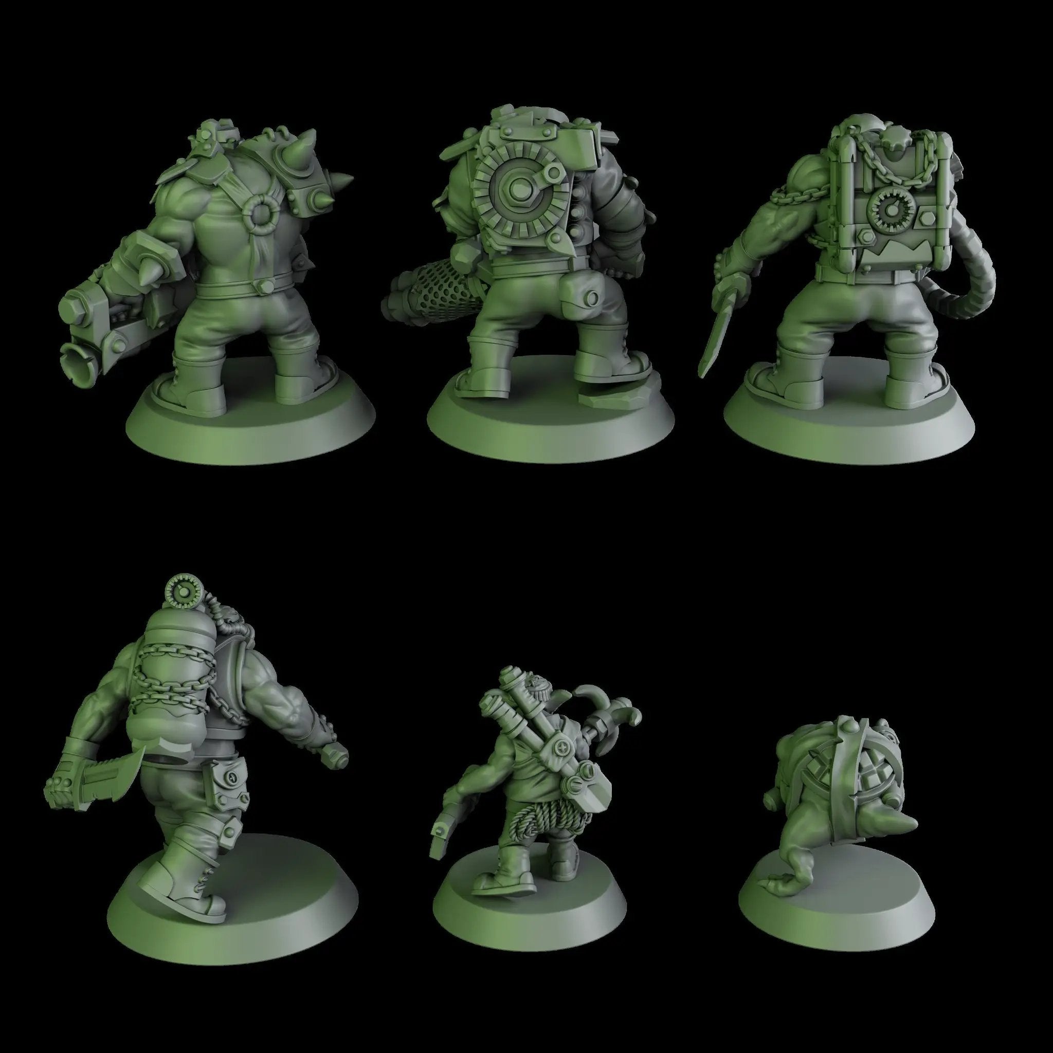 3D printed black Orks Mob #2 by DakkaDakka Miniatures, assembled and painted miniature miniatures for tabletop gaming