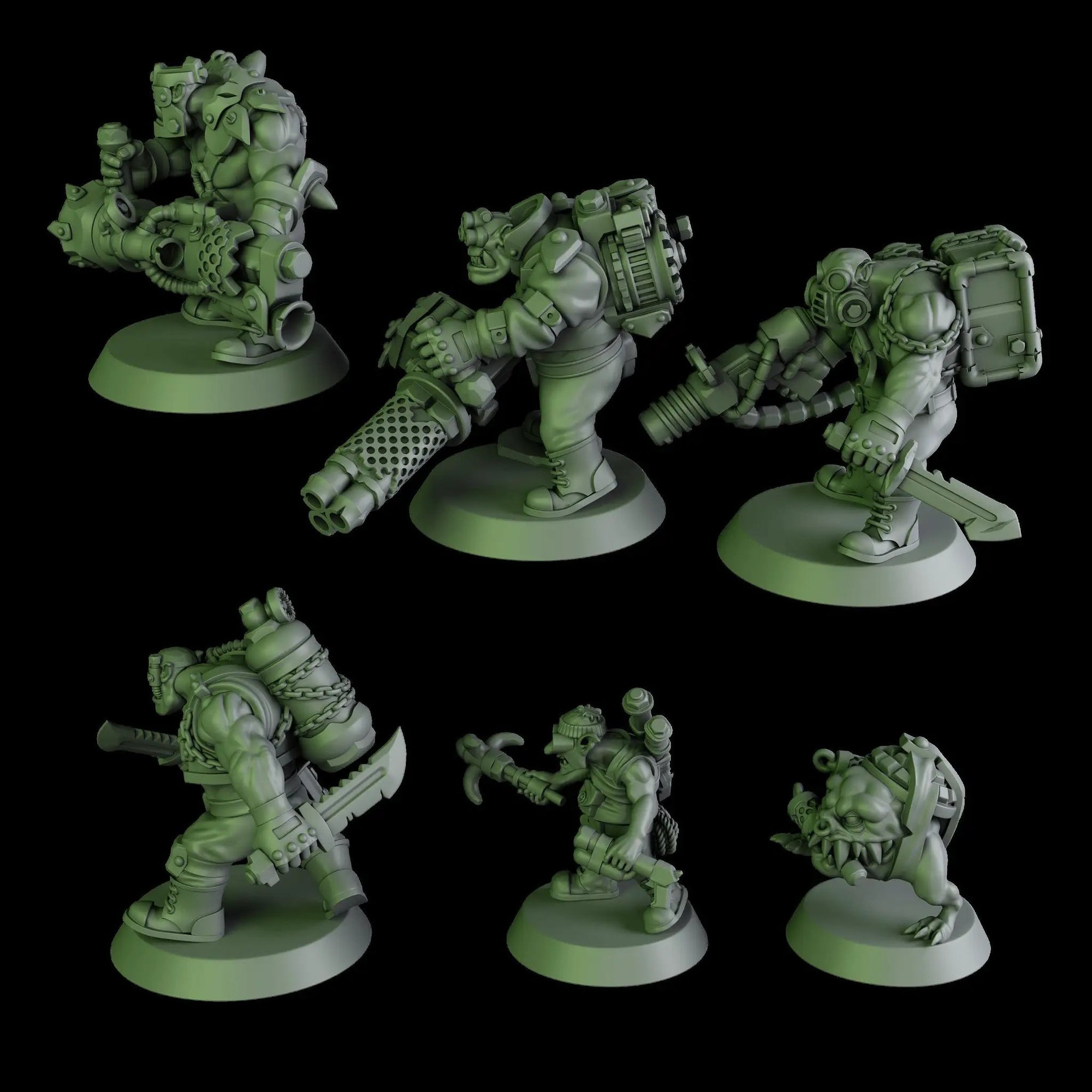 3D printed black Orks mob by DakkaDakka Miniatures, featuring detailed miniature figures for tabletop gaming.