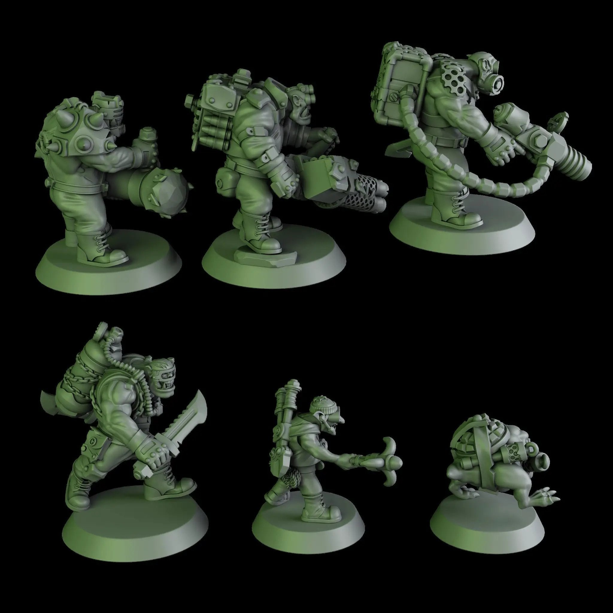 3D printed black Orks mob by DakkaDakka Miniatures, showing detailed green-skinned figures with weapons in a dynamic pose.