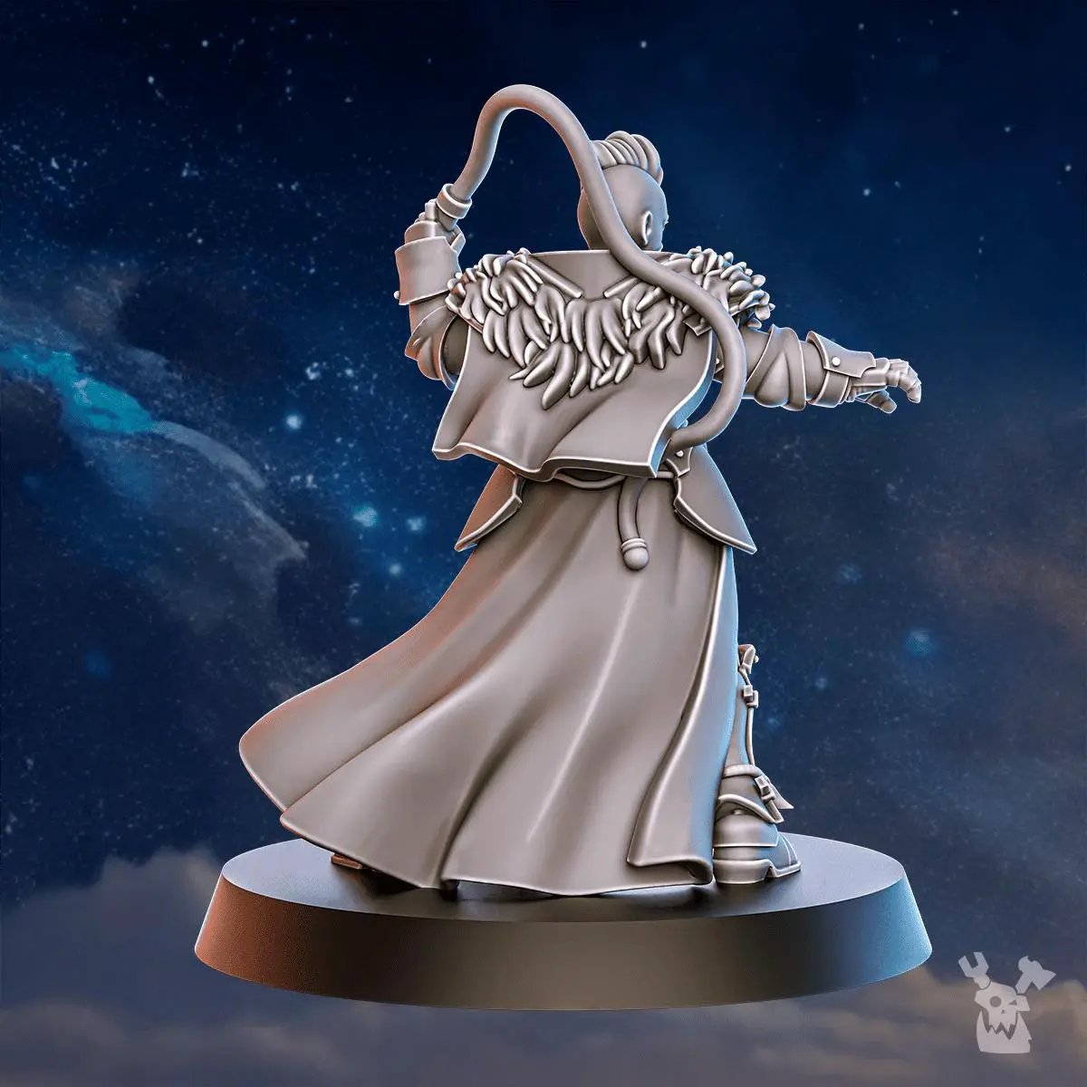 3D printed Blackhide Beastmaster miniature by DakkaDakka Miniatures, shown in black resin with detailed sculpting and dynamic pose.