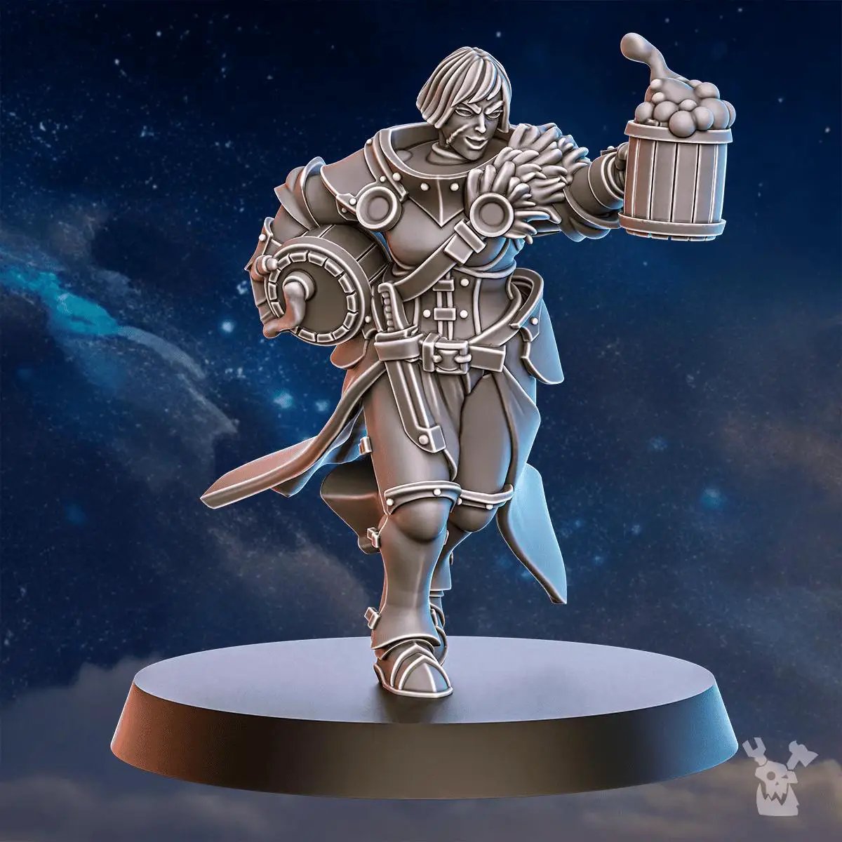 3D printed Blackhide Brewmaster miniature by DakkaDakka Miniatures, painted black with detailed armor and brewing equipment.