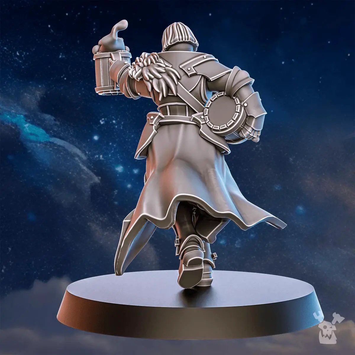 3D printed Blackhide Brewmaster miniature by DakkaDakka Miniatures, displayed in black resin with detailed sculpting.