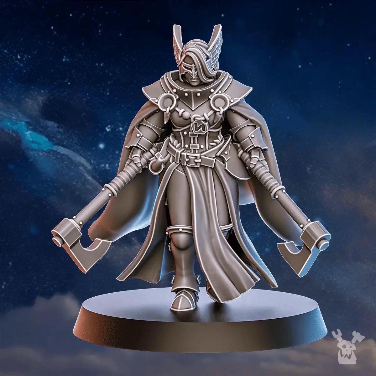 3D printed Blackhide Dueling Champion miniatures by DakkaDakka Miniatures, detailed black figurine on a display stand