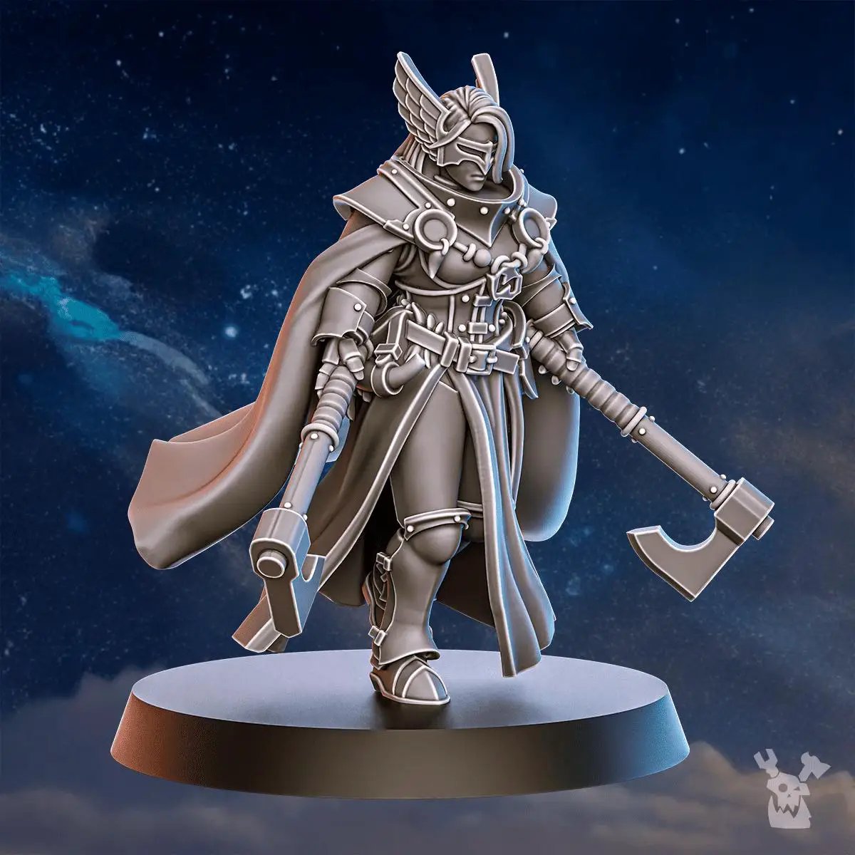 3D printed Blackhide Dueling Champion by DakkaDakka Miniatures, shown in black color with detailed armor and weapon details.