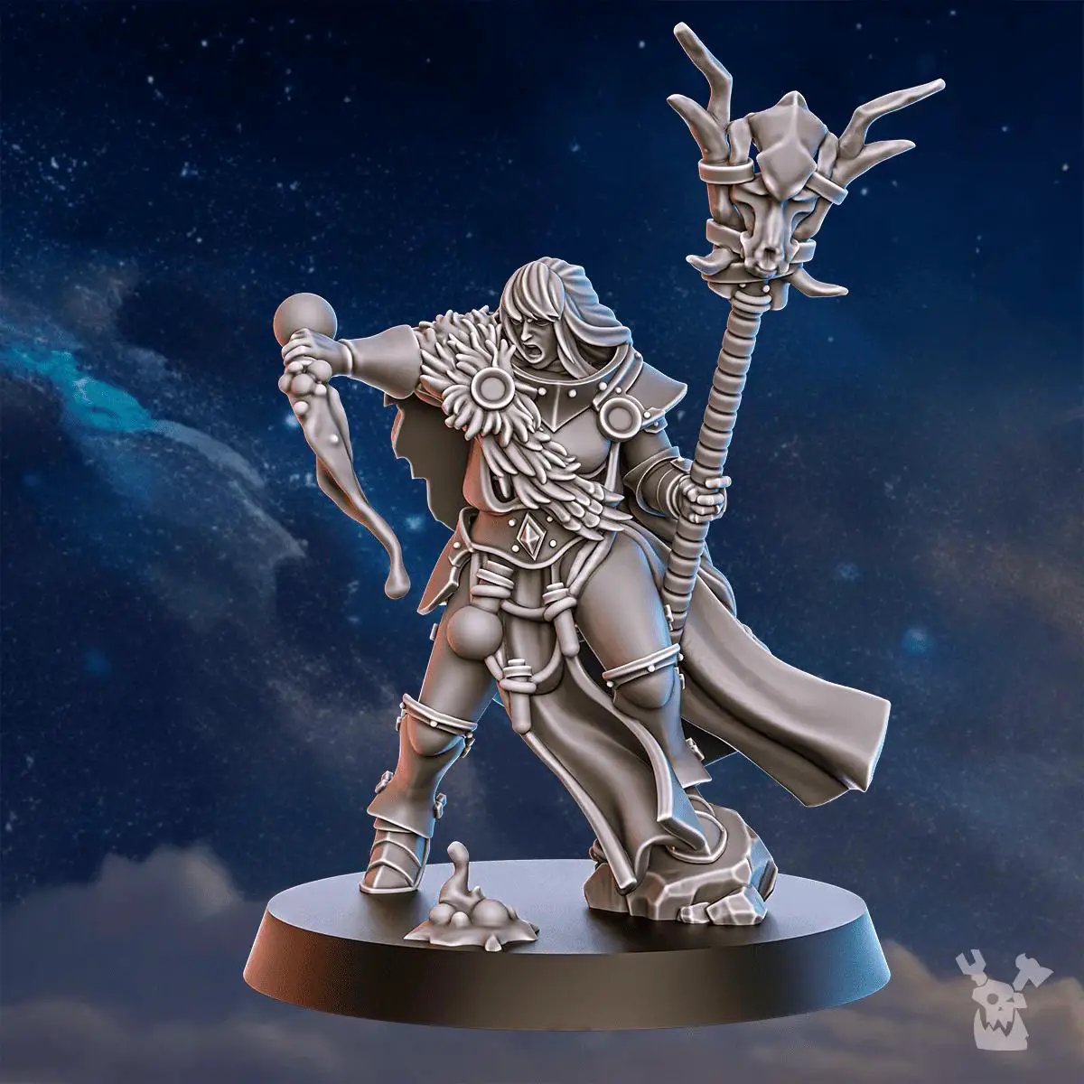 3D printed Blackhide Sisters Shaman miniature by DakkaDakka Miniatures, shown in black resin with detailed tribal attire and staff.