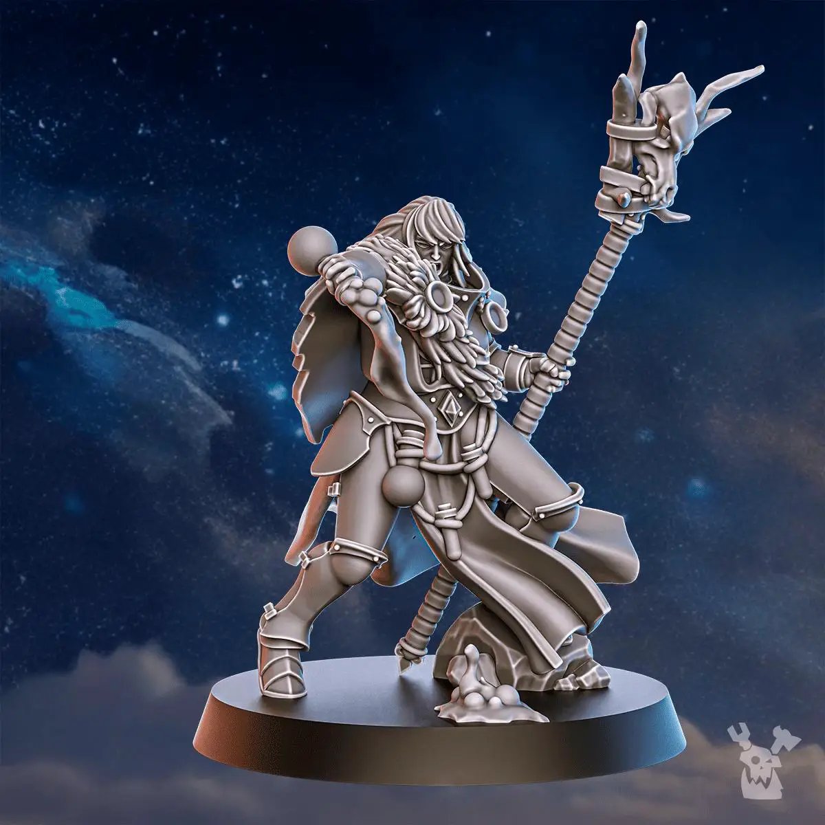 3D printed Blackhide Sisters Shaman miniature by DakkaDakka Miniatures, detailed black and gray shaman figure on a display stand
