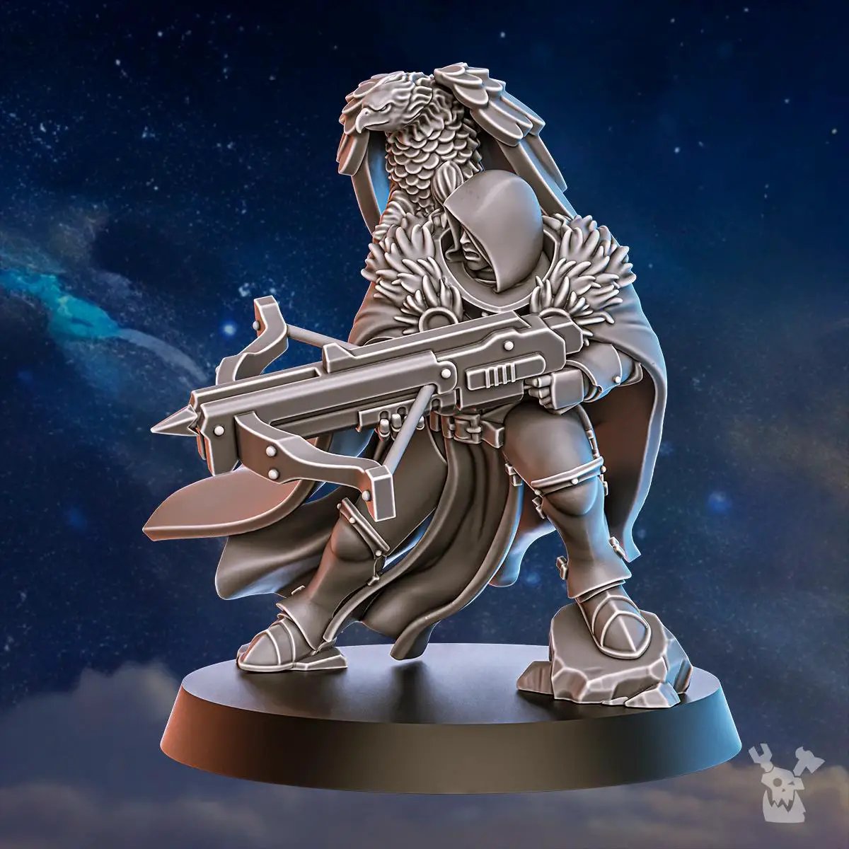 3D printed Blackhide Tribe Archer miniature by DakkaDakka Miniatures, featuring detailed tribal warrior with bow in black and earthy tones.