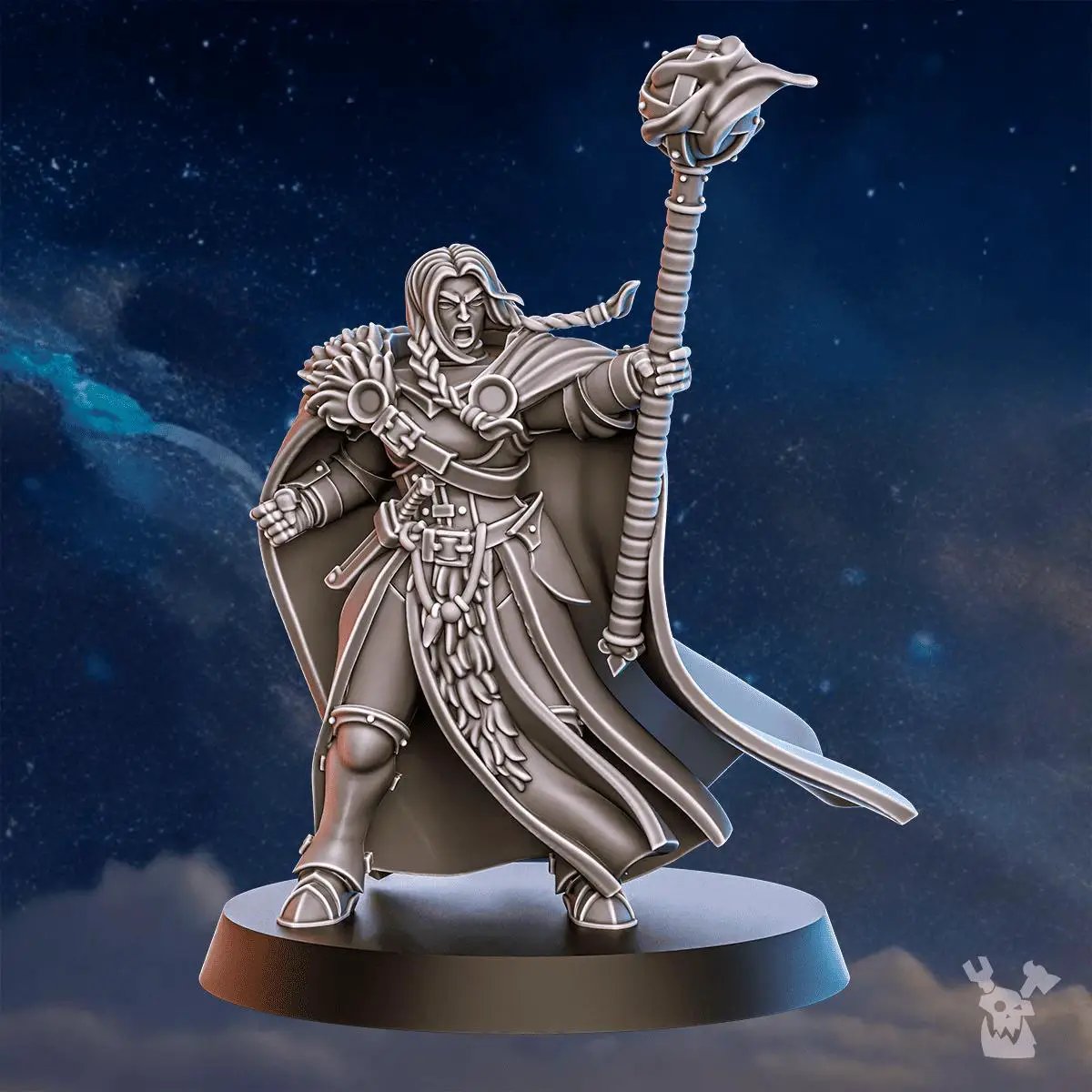 3D printed Blackhide Tribe Signalist miniature by DakkaDakka Miniatures, featuring detailed tribal costume and signaling equipment.