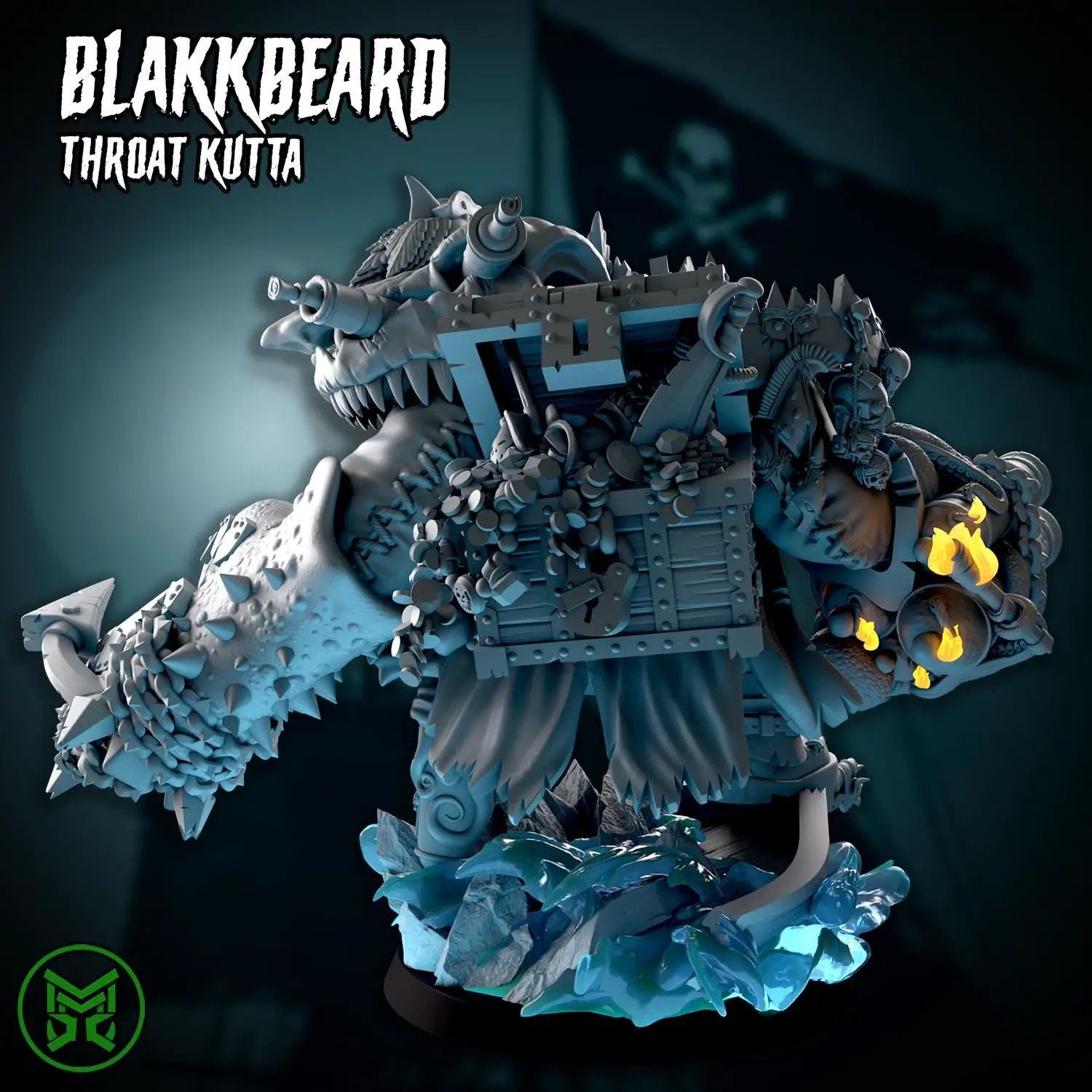 3D printed Blakk Beard Throat Kutta miniature by Last Hope Miniatures from Mekka Miniatures, detailed black beard and weapon accessories.