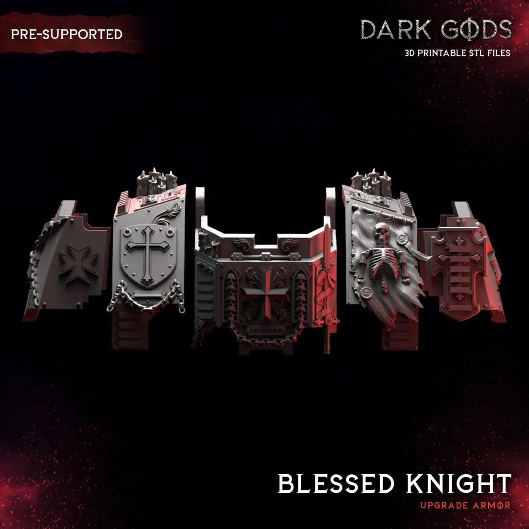 3D printed Blessed Knight ancient armor upgrade kit by Dark Gods Miniatures, featuring detailed armor pieces on a white background.