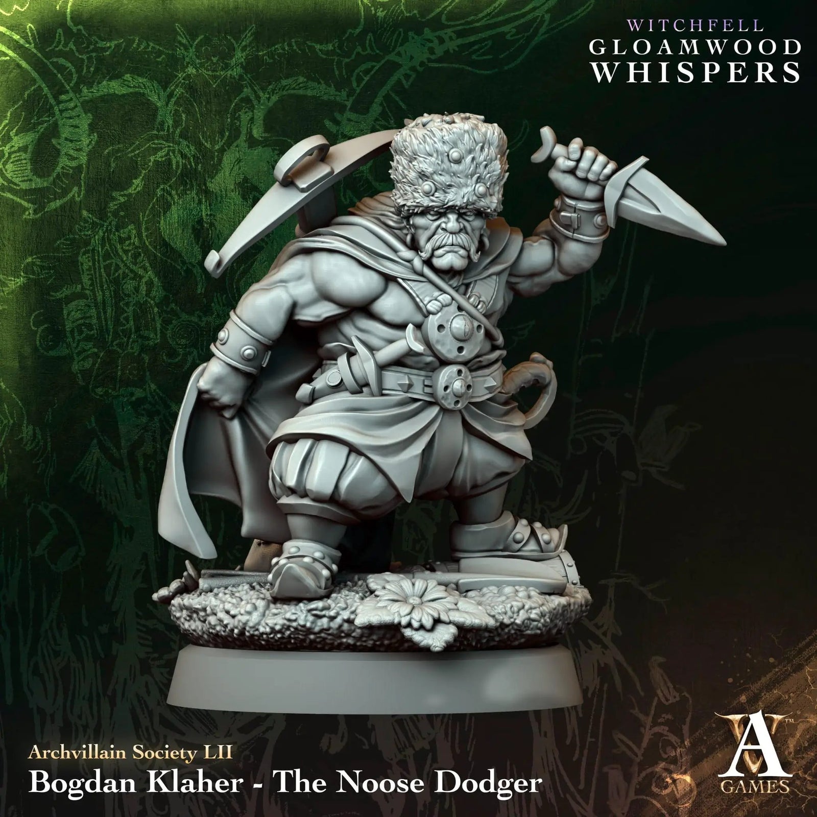 3D printed figure of Bogdan Klaher, The Noose Dodger, by Archvillain Games, modeled by Last Hope Miniatures, showcasing detailed miniature art.