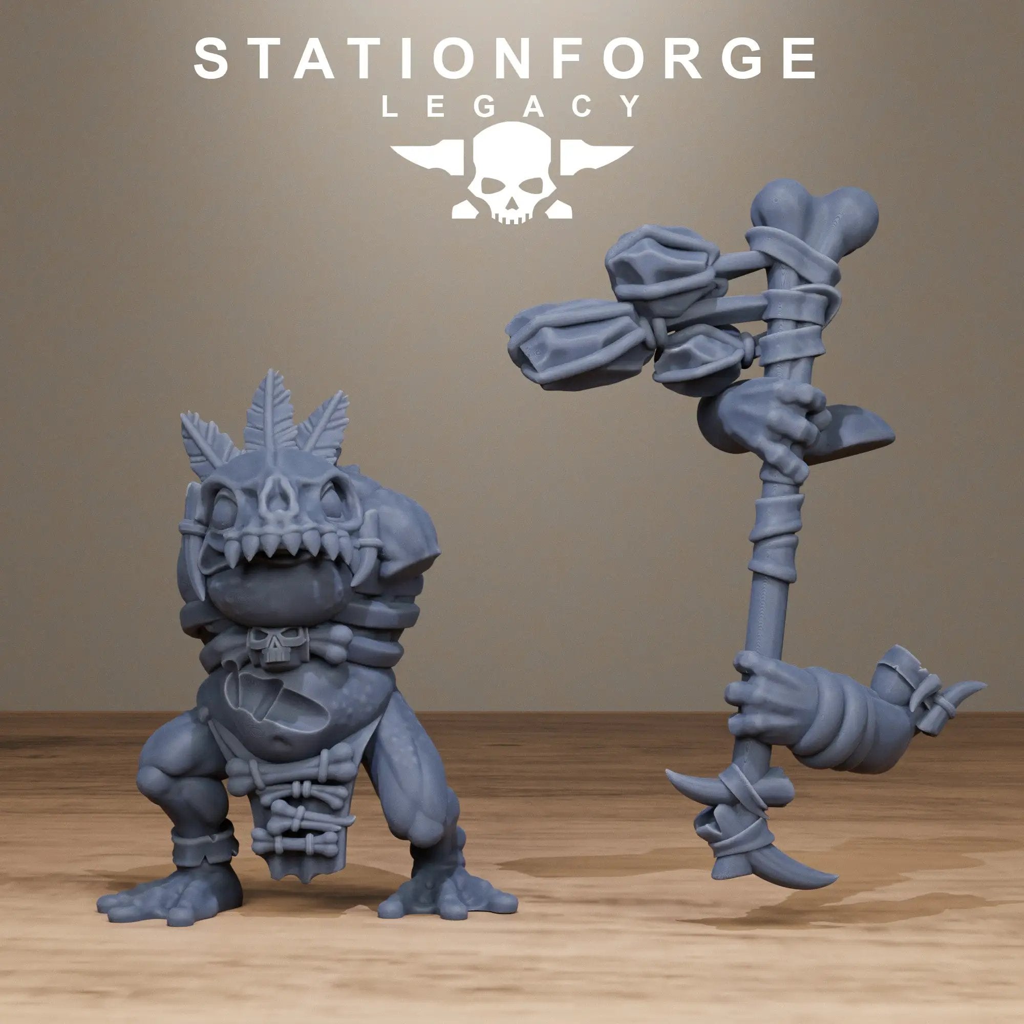 3D printed Bogkin Ogres by StationForge Miniatures, from Last Hope Miniatures, showing detailed ogre miniatures on a display stand.