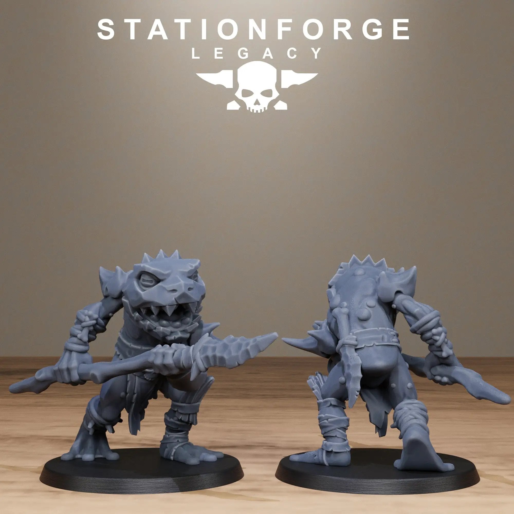 3D printed Bogkin Spearmen miniatures by StationForge Miniatures, featuring detailed medieval-style spearmen with shields and weapons.