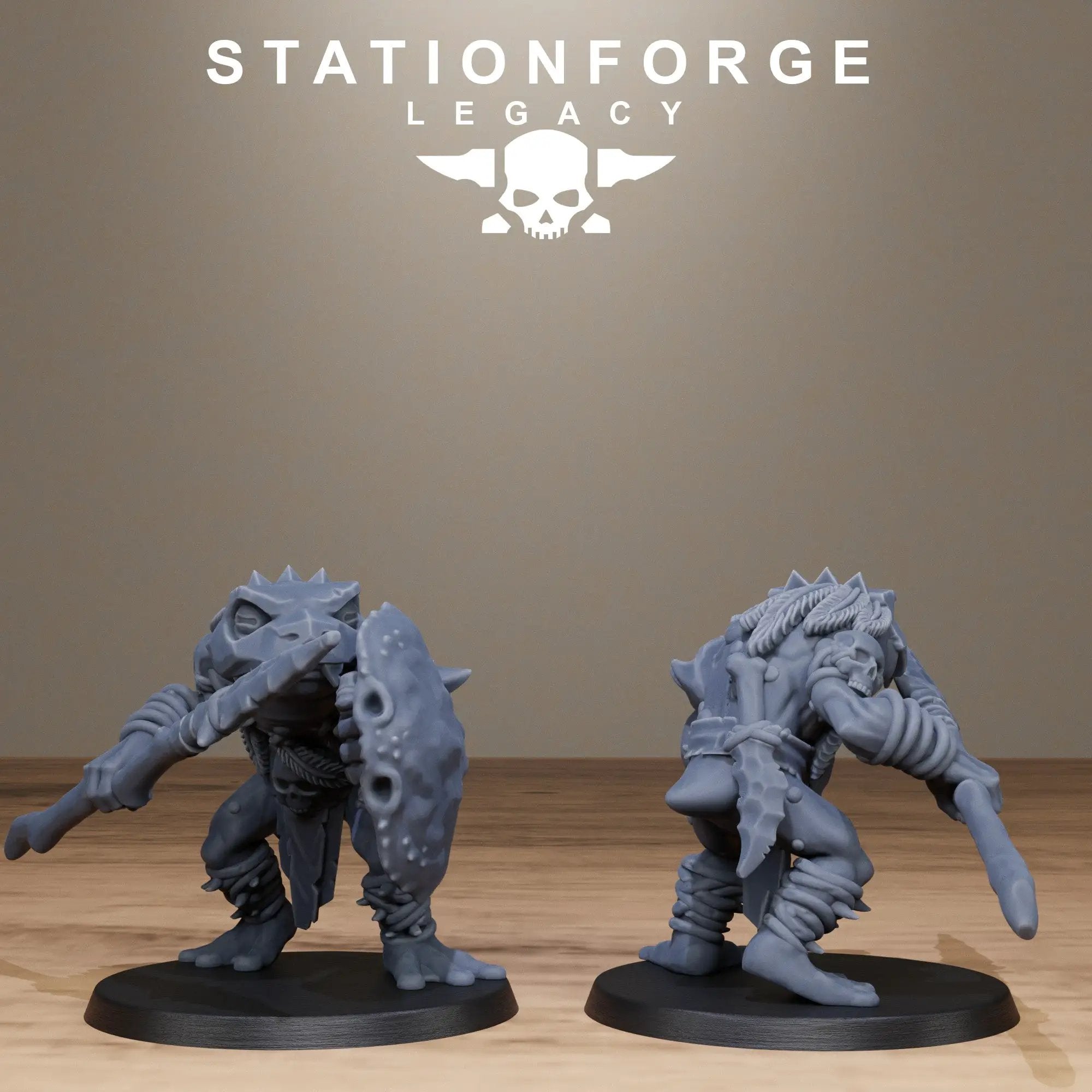 3D printed Bogkin Spearmen miniatures by StationForge Miniatures, showing detailed figures with spears and armor.
