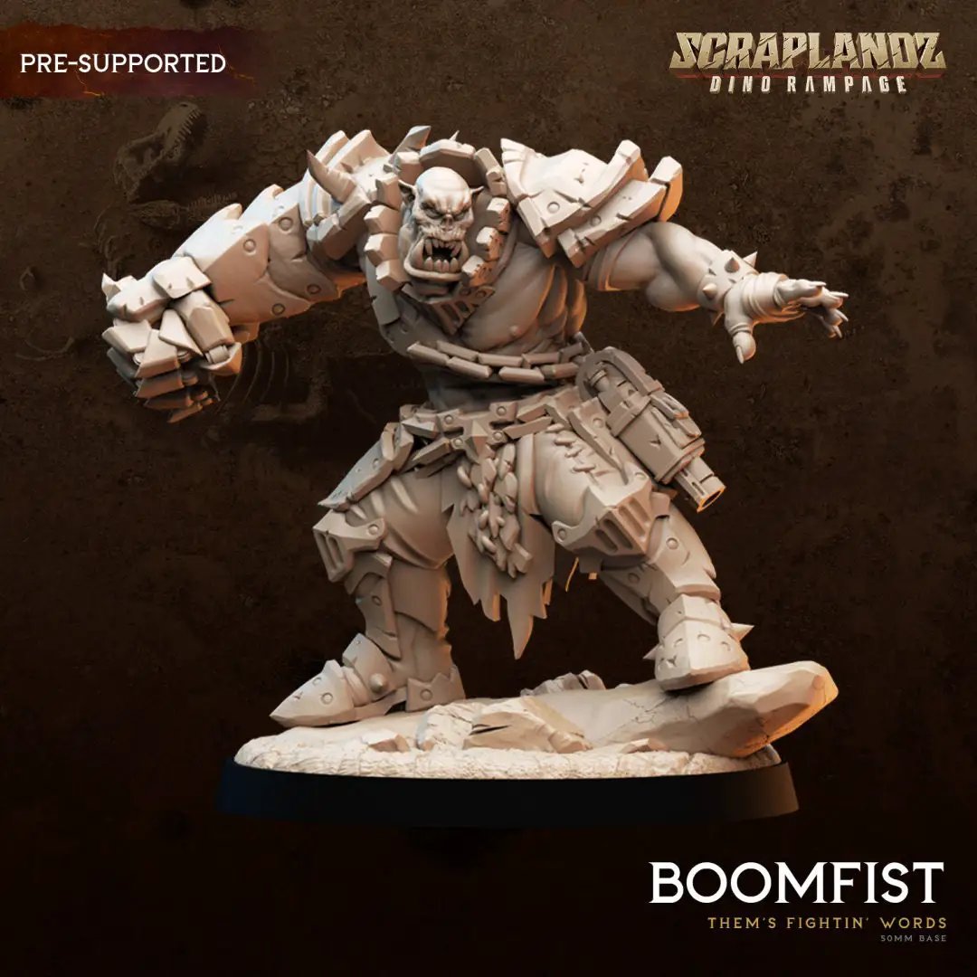 3D printed Boomfist miniature from Dark Gods by Last Hope Miniatures, showing detailed sculpt with textured surface.