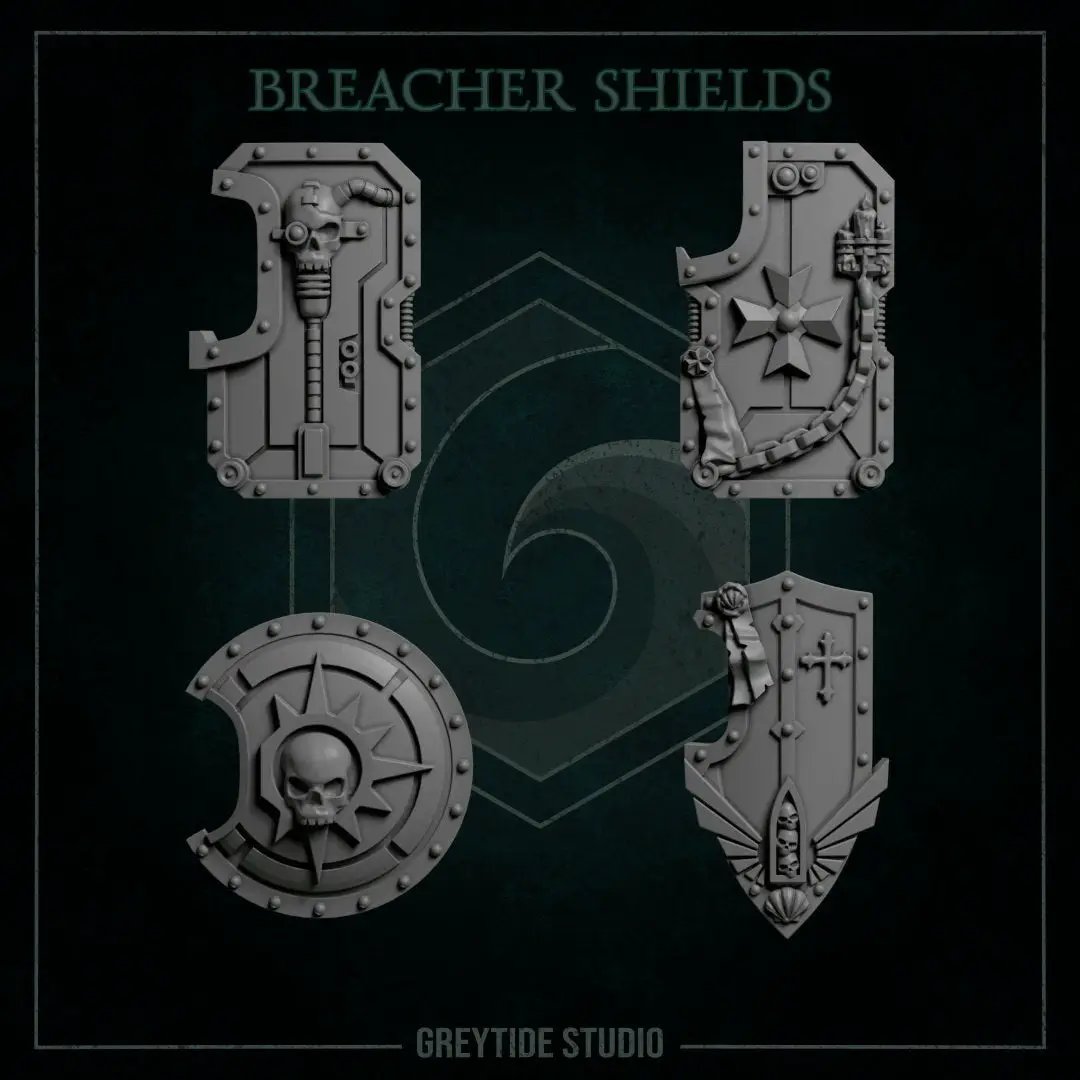 Set of eight 3D printed Breacher Shields by Last Hope Miniatures for tabletop gaming, featuring detailed, realistic shield designs.
