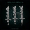 Six 3D printed burning swords miniature by Last Hope Miniatures for Greytide Studio, featuring detailed flame effects and weapon design.