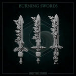 Six 3D printed burning swords miniature by Last Hope Miniatures for Greytide Studio, featuring detailed flame effects and weapon design.