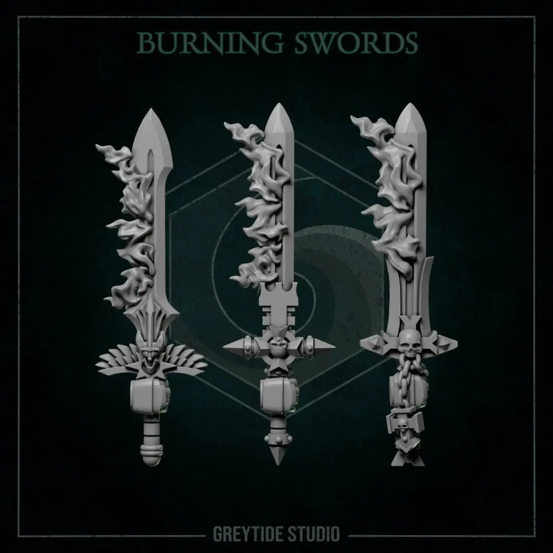 Six 3D printed burning swords miniature by Last Hope Miniatures for Greytide Studio, featuring detailed flame effects and weapon design.