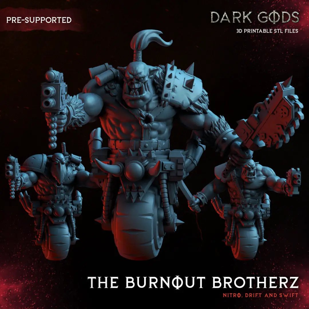 3D printed Burnout Brotherz miniatures by Dark Gods, part of Last Hope Miniatures collection, featuring detailed dark fantasy figures.