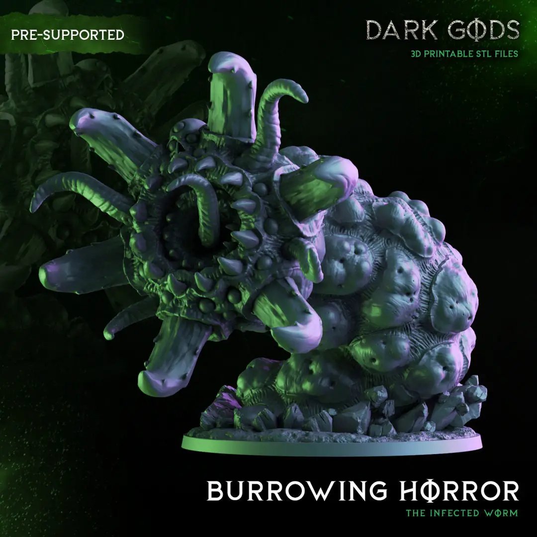 3D printed burrowing horror miniature by Dark Gods, designed by Last Hope Miniatures, featuring detailed tentacles and monstrous features.