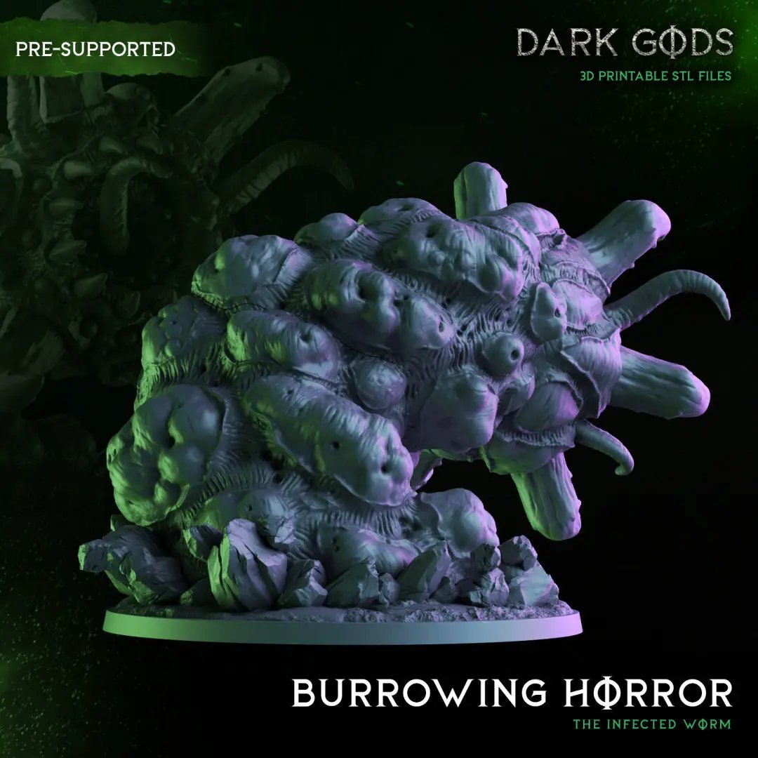 3D printed Burrowing Horror miniature by Dark Gods Miniatures, detailed creature with textured surface for Last Hope Miniatures collection