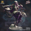 3D printed Elven Sun Dancer miniature from Last Hope Miniatures, showing intricate details of the Cahira character by DM Stash.