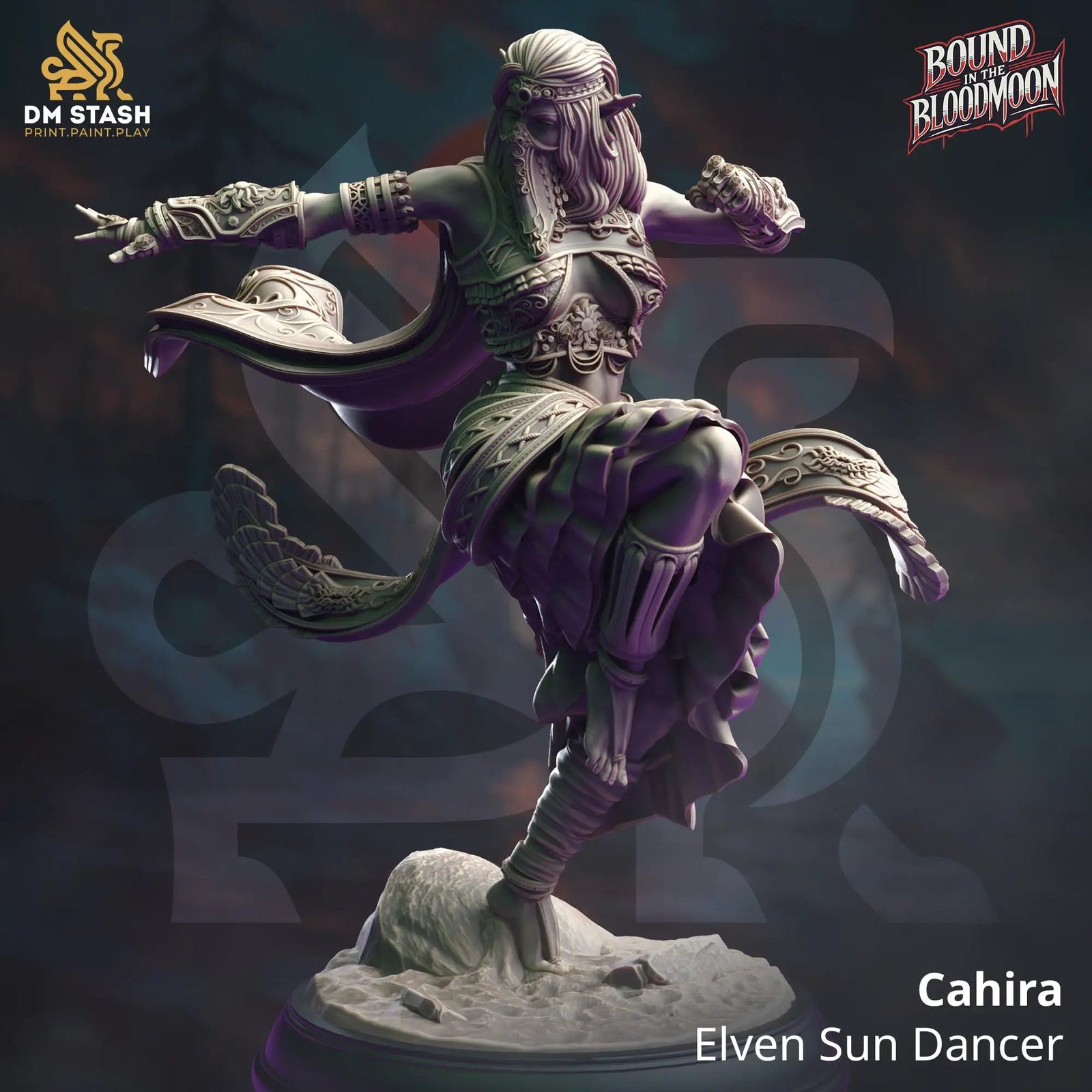 3D printed Elven Sun Dancer miniature from Last Hope Miniatures, showing intricate details of the Cahira character by DM Stash.